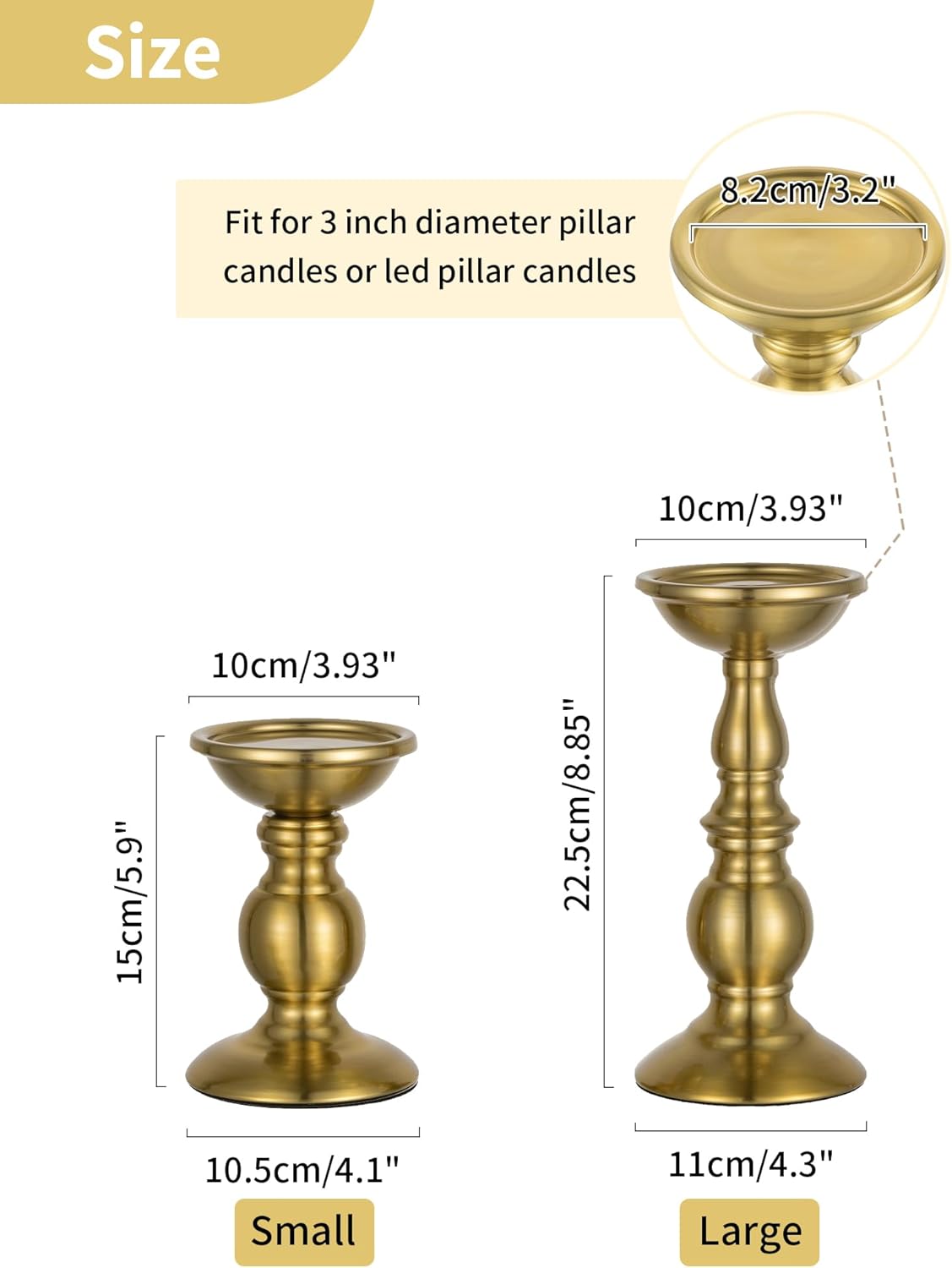 NUPTIO Gold Candle Holder for Table: Tall Brass Candleholder Decorative for Pillar Candles - Metal Vintage Stand for Christmas New Year Fireplace Table Centerpiece Set of 2 (S+L)