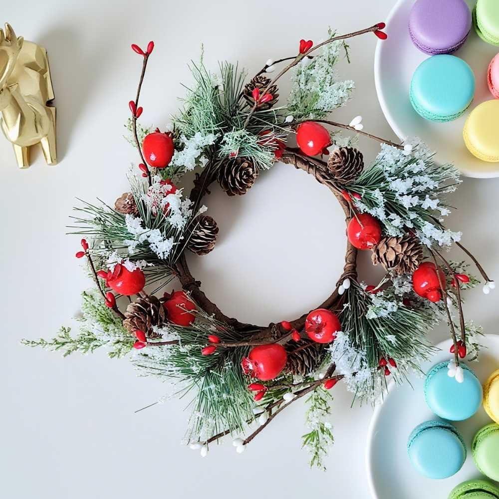 2 Pcs Christmas Candle Rings Wreaths Berries & Pinecone Candle Rings Artificial Norfolk Pine Candle Holder 12" for Winter Home Kitchen Table Centerpiece (Red)