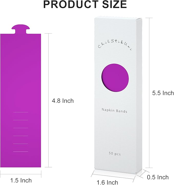 Polymer Material Reusable Napkin Band, Glue-Free Tear-Proof Water Resistant Oil-Proof Napkin Bands Set of 50(Front Purple Color and Back White), 6 Adjustable Sizes Napkin Rings