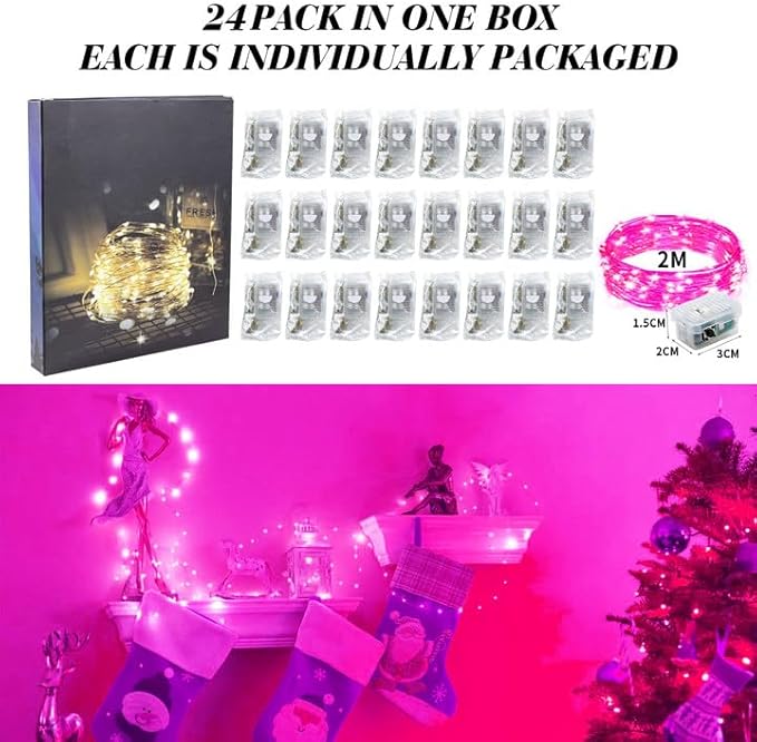 ZGWJ 24 Pack Fairy Lights Battery Operated, 7ft 20 Mini LED Fairy String Lights Silver Wire 3 Modes for DIY, Parties, Wedding, Bedroom, Halloween Christmas Decoration Pink
