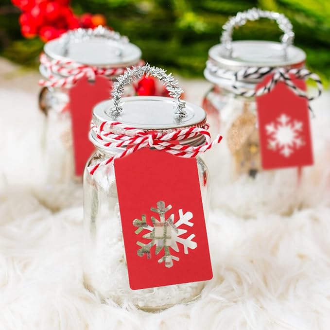 jijAcraft Christmas Gift Tags - 100Pcs Christmas Tags with String, Blank Xmas Name Labels, Red Paper Hollow Trees, Rudolph, Snowflake Shapes Holiday Labels for Xmas Party Favors, DIY Crafts, Jar