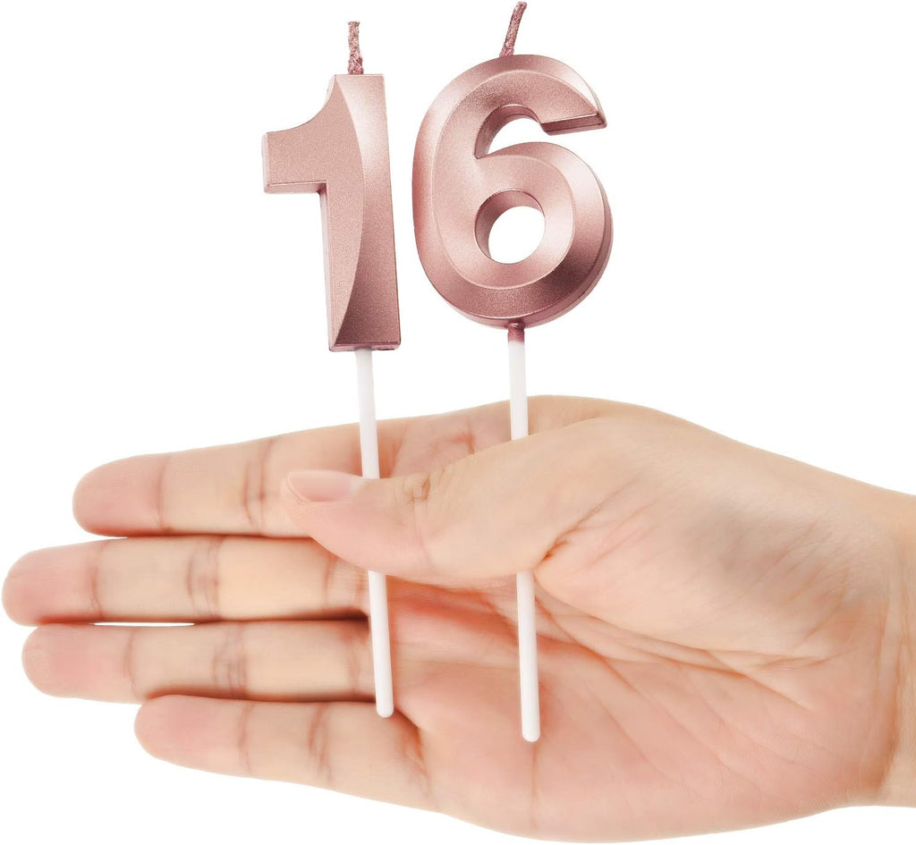 BBTO 16th & 61st Birthday Candles Number Candles Cake Topper Decoration for Birthday Wedding Anniversary Celebration Supplies(Rose Gold)