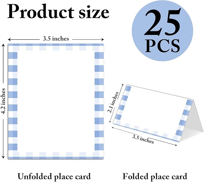 25 Pack Blue Border Place Cards, Editable Name Cards for Table Setting, Tent Cards Food Label for Dinner Party, Bridal Shower, Wedding, Baby Shower and Events -T02