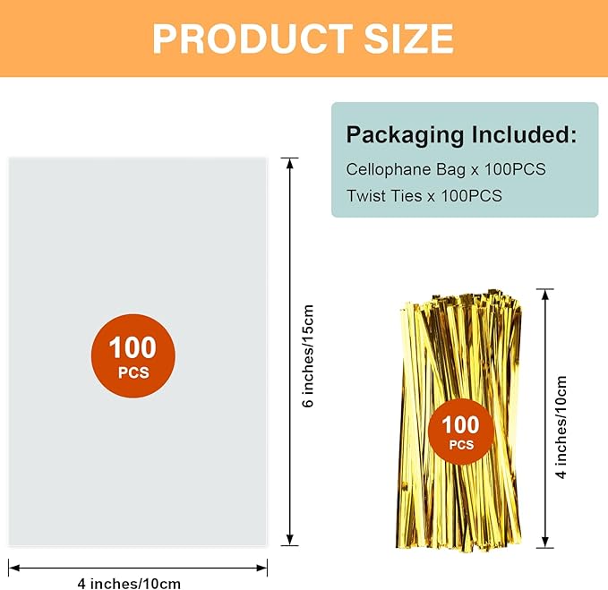 ZHEWTOEN Cellophane Bags, 100 Pcs 4x6 Inch Cellophane Treat Bags with Color Twist Ties, Clear Plastic Goodie Cello Treat Candy Bags for Cookies, Popcorn, Small Gift Wrapping, Party Favors