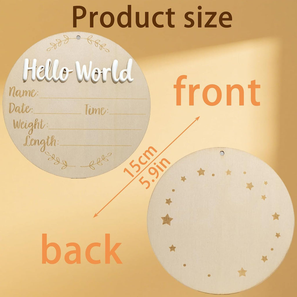 XCMVCN Baby Announcement Sign, 5.9 Inch Round Wooden Hello World Newborn Signs, Birth Announcement Sign: Equipped with Ink Pad Can Baby Handprints and Footprints for Photo Prop Hospital Nursery Gift