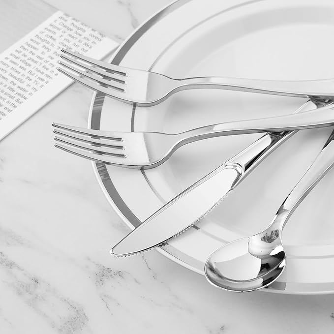 BESTVIP 100 Pack Pre Rolled Silver Plastic Silverware Set, Disposable Wrapped Cutlery Set with 100 Napkins, 100 Knives, 100 Forks and 100 Spoons for Party, Birthday