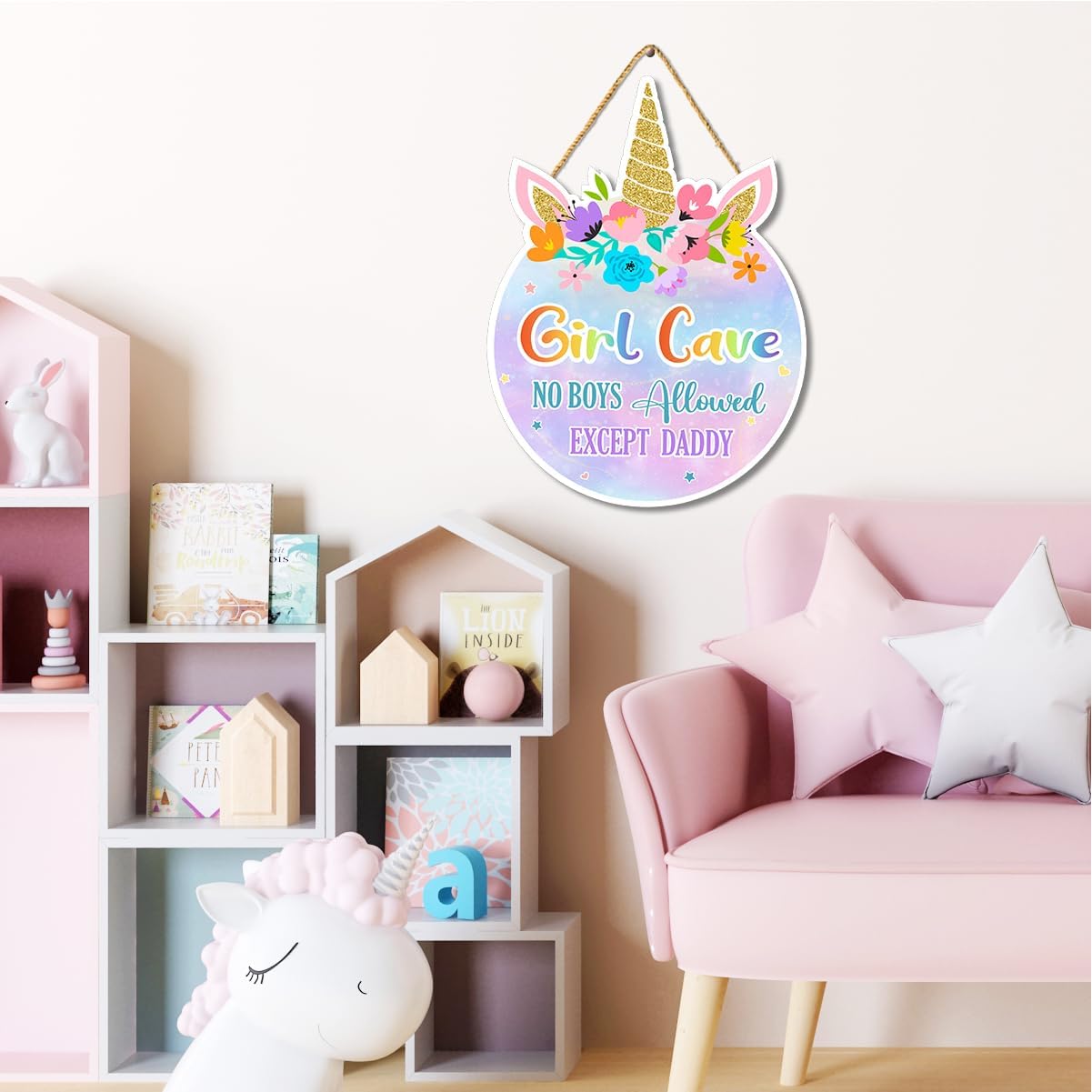 Unicorn Theme Room Decor,Girl Cave Wall Sign Decor,Pink Purple Rainbow Wall Art Decor for Girls,Unicorn Wood Hanging Sign for Baby Girls Bedroom Living Room