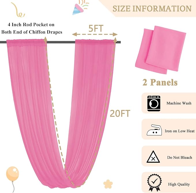 MODFUNS Wedding Arch Drapes Fabric Pink Ceiling Draping 2 Panels 5x20 FT Chiffon Curtains for Backdrop Sheer Voile Swag Curtain Wedding Drapery for Arch Bed Canopy Tent Backdrop for Reception Arbor