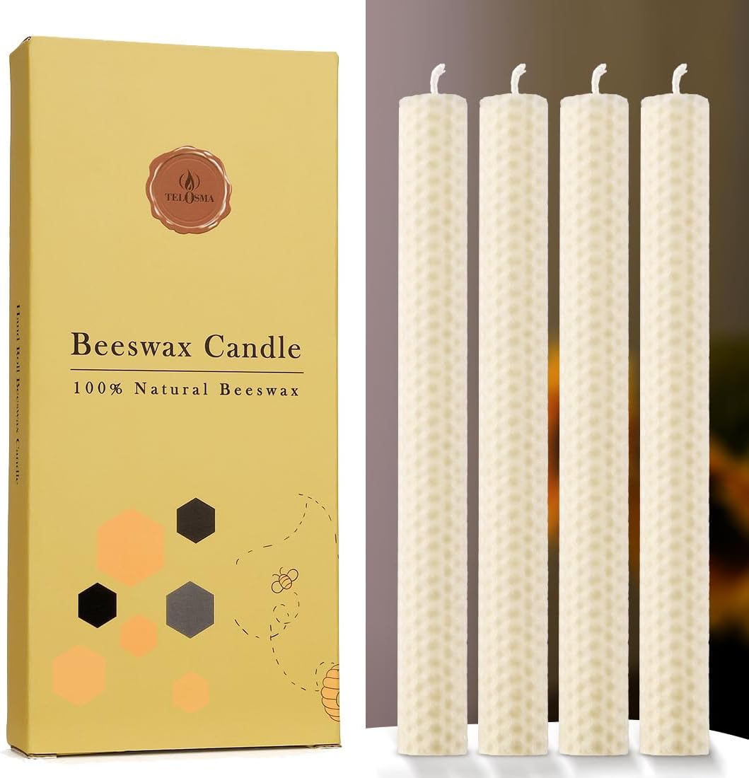 Pack of 4 Beeswax Taper Candles Hand Rolled - Dripless - Organic Natural Scent - 8 Inch in Off White