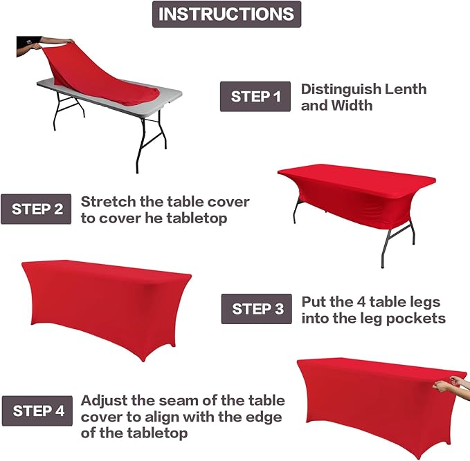 IVAPUPU 4FT Table Cloth for Rectangular Fitted Events Stretch Red Table Covers Washable Cover Spandex Tablecloth Protector for Party, Wedding, Cocktail, Banquet, Festival