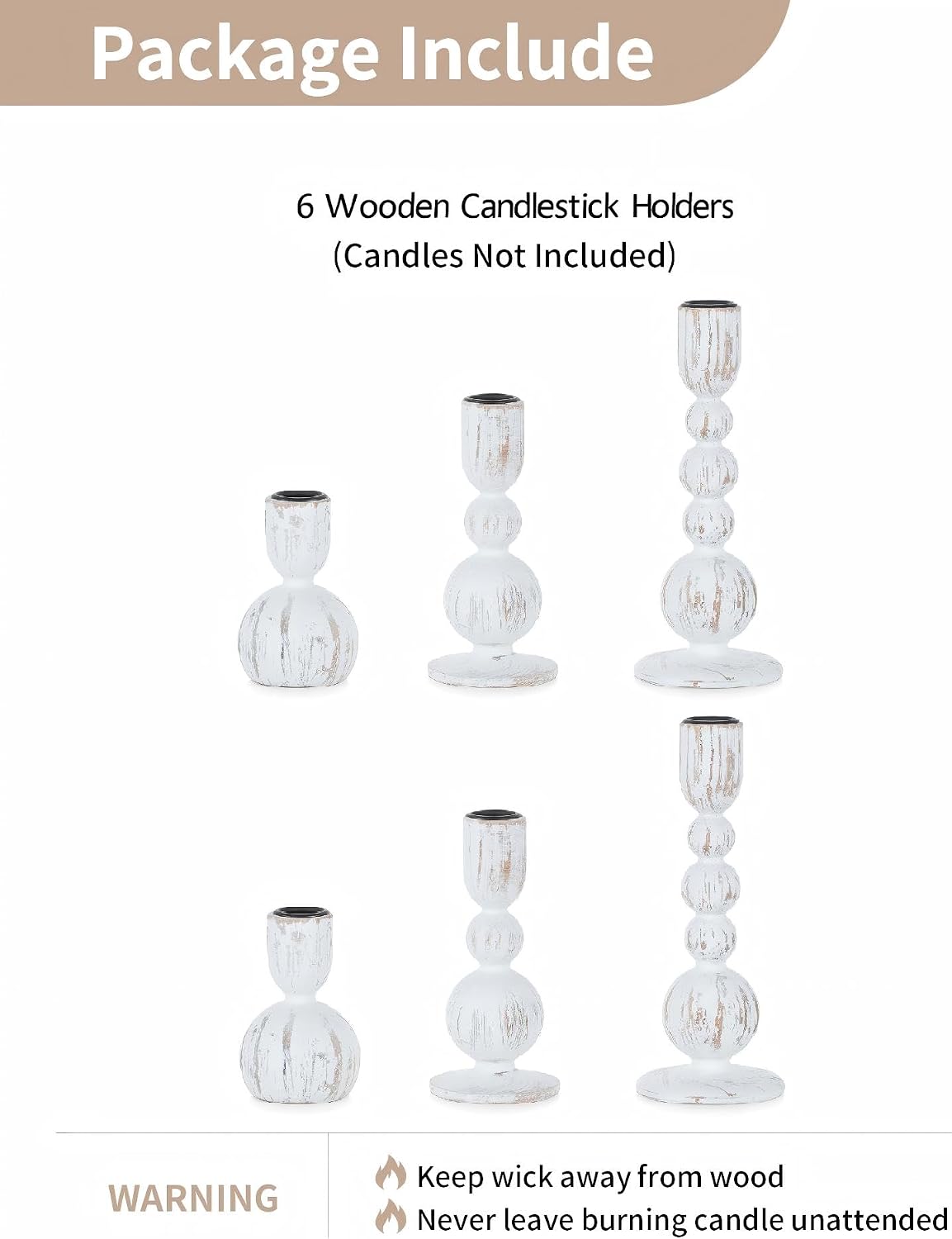 NUPTIO Wooden Taper Candle Holders, Set of 6 White Candlesticks