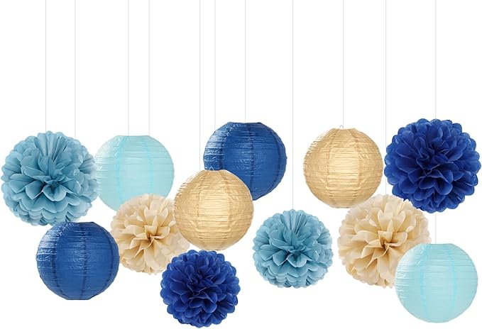 Dusty-Navy Blue Champagne-Gold Paper-Flowers Lanterns - 15pc Christmas Graduation Party Decorations Tissue Pom Poms Streamers,Birthday Bachelorette Bridal Baby Shower Engagement Wedding Decor Panduola