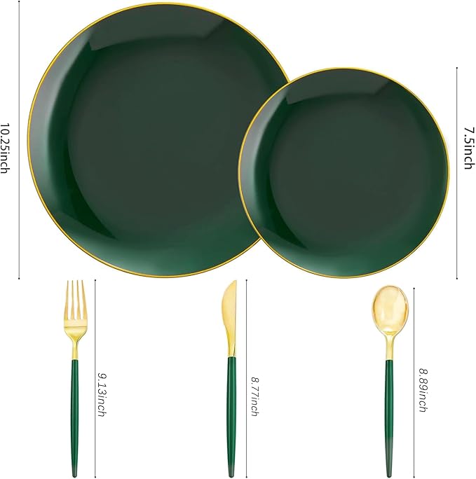 Liacere 150PCS Green Plastic Plates - Gold Plastic Silverware with Green Handle - Heavy Duty Fancy Plastic Plates Disposable Include 30 Guests Plates, Forks, Spoons, Knives for wedding＆Labor Day