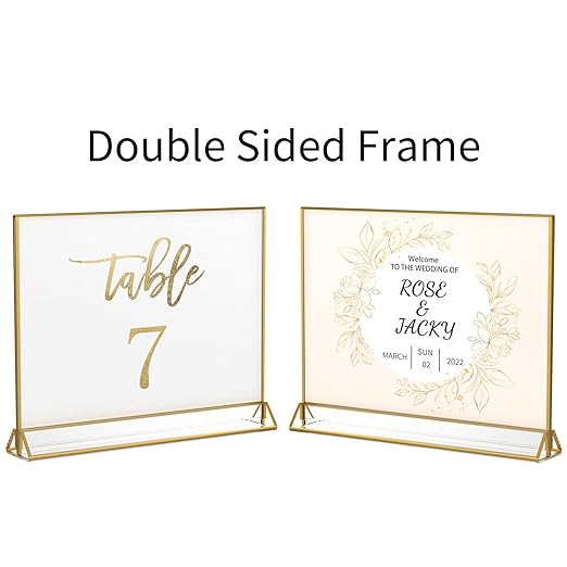 NIUBEE 6Pack 7 x 5 Horizontal Clear Acrylic Sign Holder with Gold Borders, Double Sided Table Menu Stands Picture Frames for Wedding Table Numbers, Restaurant Signs, Photos and Art Display