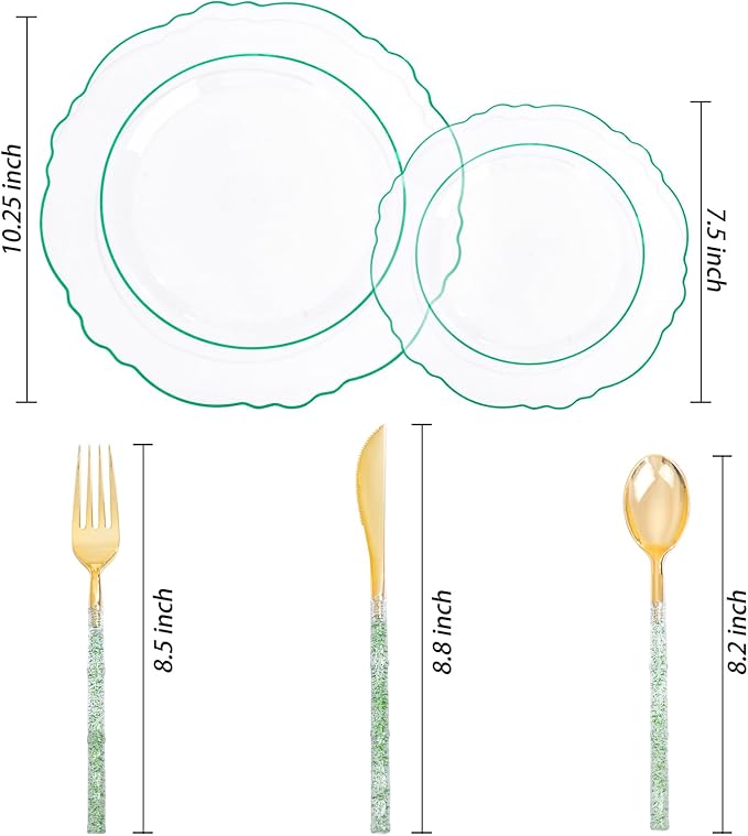 Liacere 150PCS Clear and Green Plastic Plates - Disposable Plates with Glitter Bamboo Handle Cutlery - 60 Baroque Elegant Plates,30Forks,30Spoons,30Knives for St. Patrick's Party