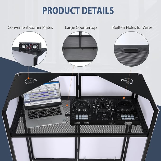 LUCKUP DJ Facade Booth 41"L x 20"W Portable DJ Facade with White & Black Scrim, Foldable DJ Table Station with LED Strips for Party, Black Metal Frame