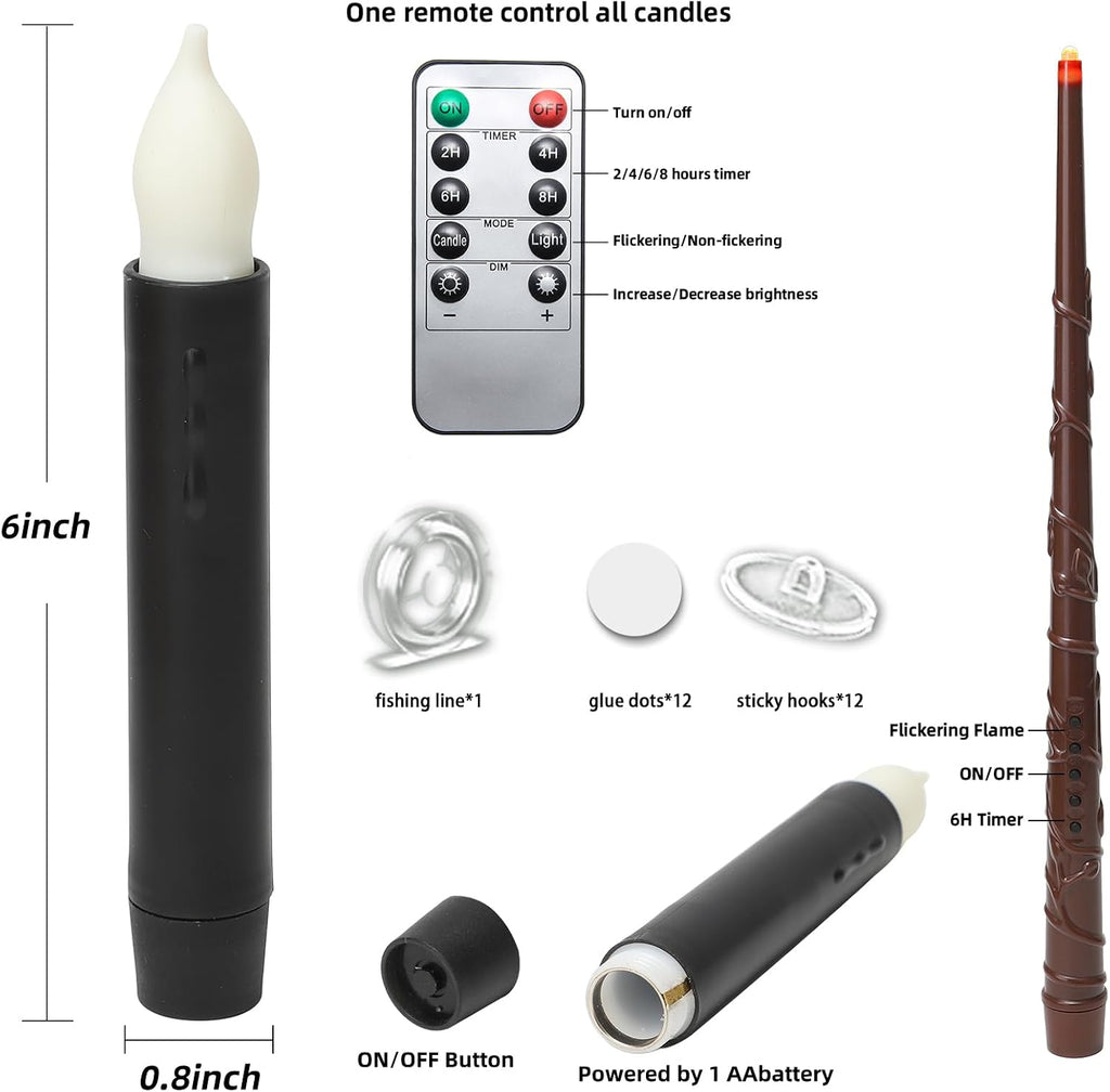 Lezonic 12Pcs Floating Candles with Wand and Remote, Magic Black Flameless Candles Battery Operated, Flikering Hanging LED Taper Candlesticks Halloween Decorations, 0.8" x 6"
