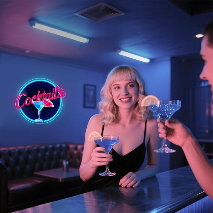 Cocktails Neon Signs for Wall Decor,UV Print Cocktails Glass LED Neon Light Up Sign for Beer Bar Art Wall Lights,Bar Party,Pub,Night Club,Man Cave Decor,Adjustable Brightness
