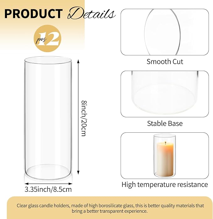 12Pack Glass Cylinder Vases for Centerpieces - 8 Inch Tall Flower Vase for Wedding Decorations, Floating Candle Holder Vase Bulk,Glass Hurricane Candle Holders for Table Shelf, Party, Home Decor