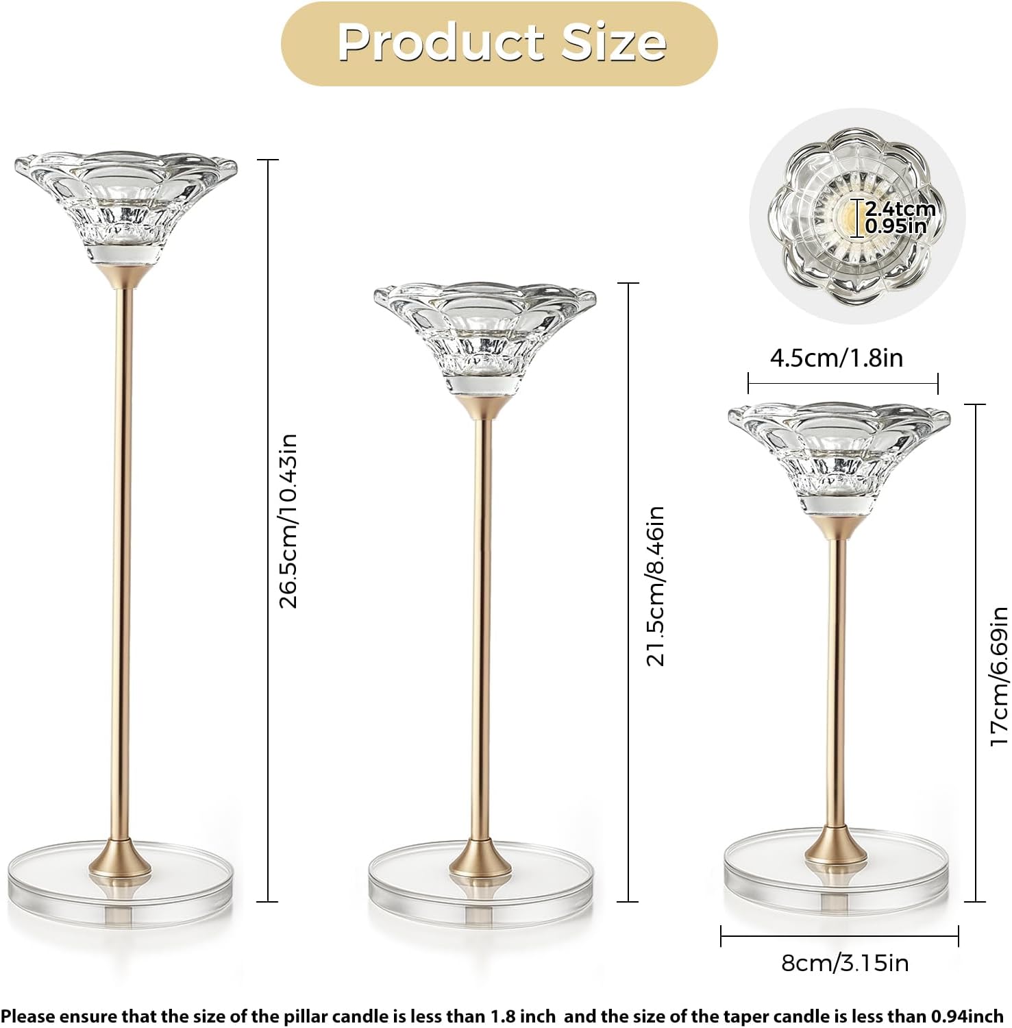 Candlestick Holders, Crystal 2 in 1 Taper and Pillar Candle Holders, Set of 3 Clear Glass Candle Holder, Decorative Candle Holder Candelabra for Home Decor, Wedding, Party, Anniversary