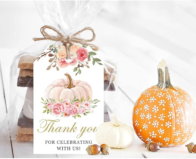 50 Pink Pumpkin Gift Tags - Fall Theme with String, Thank You Tags for Wedding, Birthday, Baby Shower & Party Favors (Two Colors)