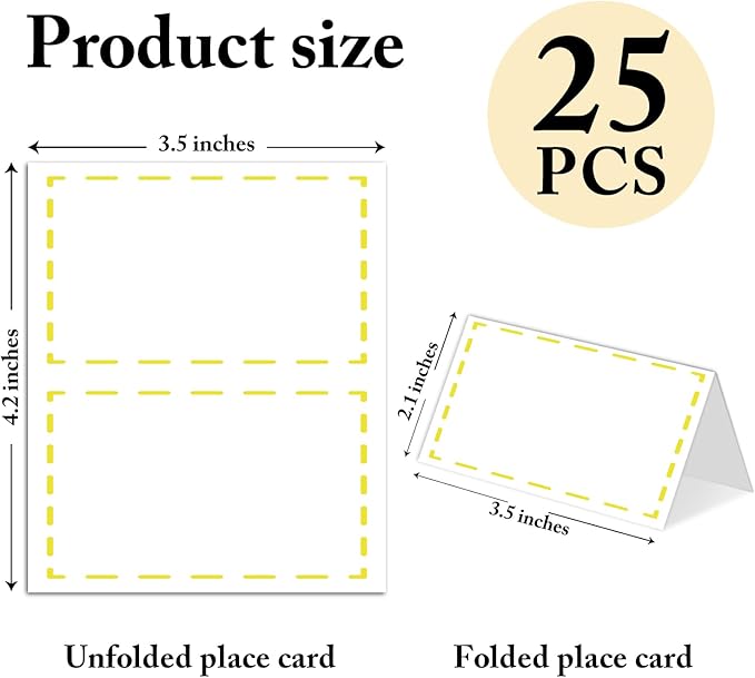 25 Pack Yellow Lines Place Cards, Editable Name Cards for Table Setting, Tent Cards Food Label for Dinner Party, Bridal Shower, Wedding, Baby Shower and Events -T21