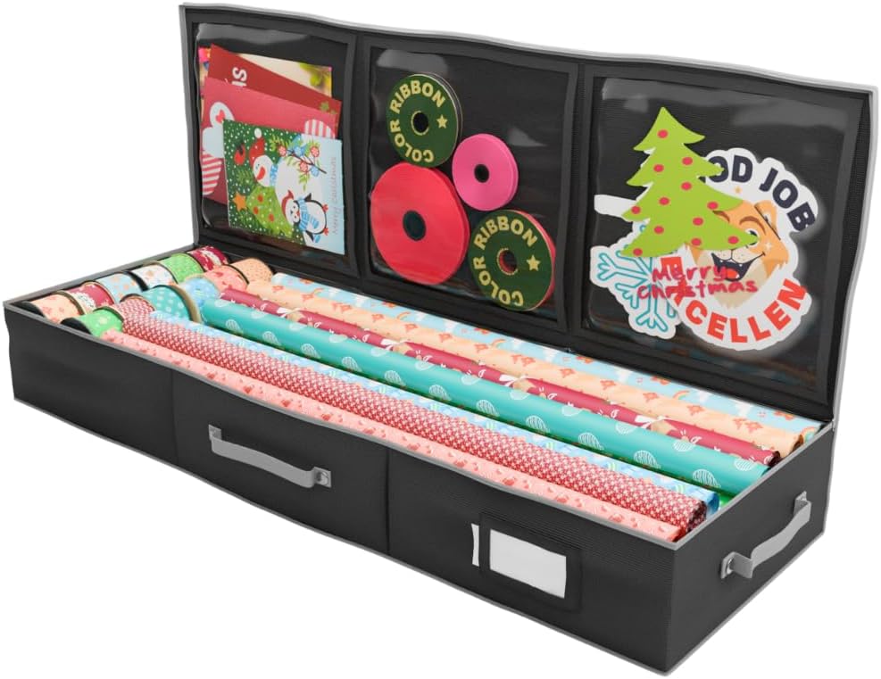 Wrapping Paper Storage Container | Gift Wrap Organizer Under Bed | 41”x14”x6” | Box Holder for 18-24 Rolls Up to 40” | 600D Oxford Material | Pockets for Ribbon, Bows, and Accessories (Black)