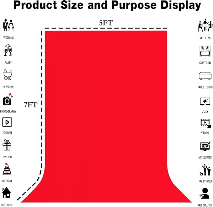 5x7FT Red Screen Backdrop Background for Photography, Photo Backdrop Props for Photoshoot, Party, Video