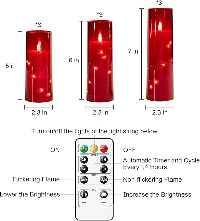Raycare Flameless Candle with Remote Timer – 9 Flickering Acrylic Battery Operated LED Pillar Candles with Embedded Star String for Halloween, Home Decor, and as a Gift (Red)
