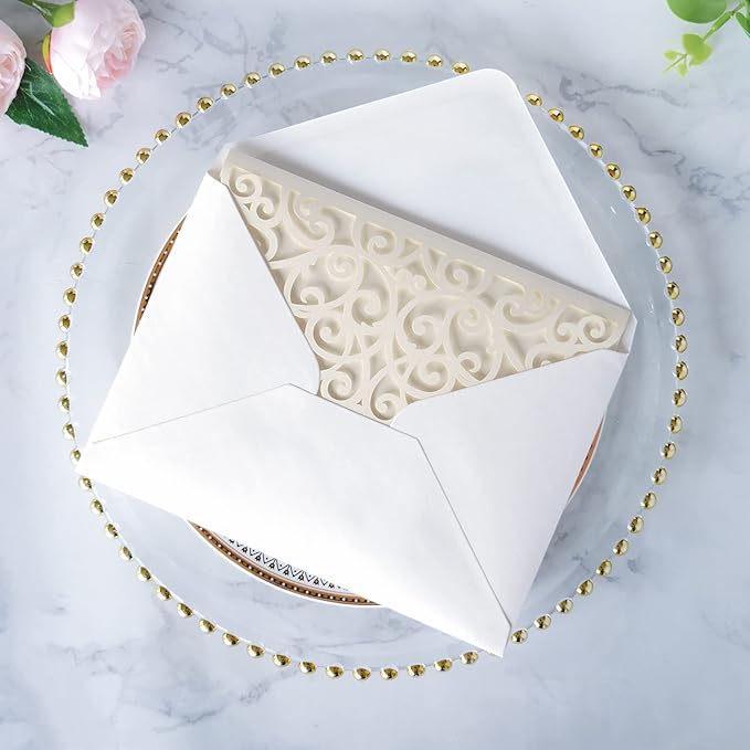 ponatia 5.12 x 7.2 Ivory Laser Cut Wedding Invitations, Trifold Laser Cut Invitation Pockets with Envelopes for Wedding Bridal Shower Engagement Quinceanera Invitations (20PCS No Inner Sheet)