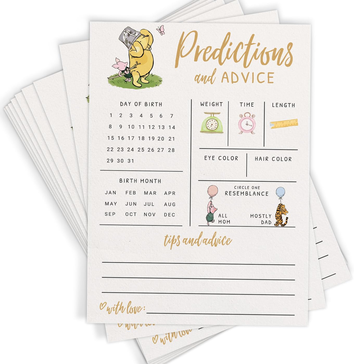 Printed Party Baby Predictions & Advice Cards – Classic Pooh Theme, Winnie Baby Shower Game for Guests, Gender Reveal Activity for Boy or Girl Activity, 30 Pack