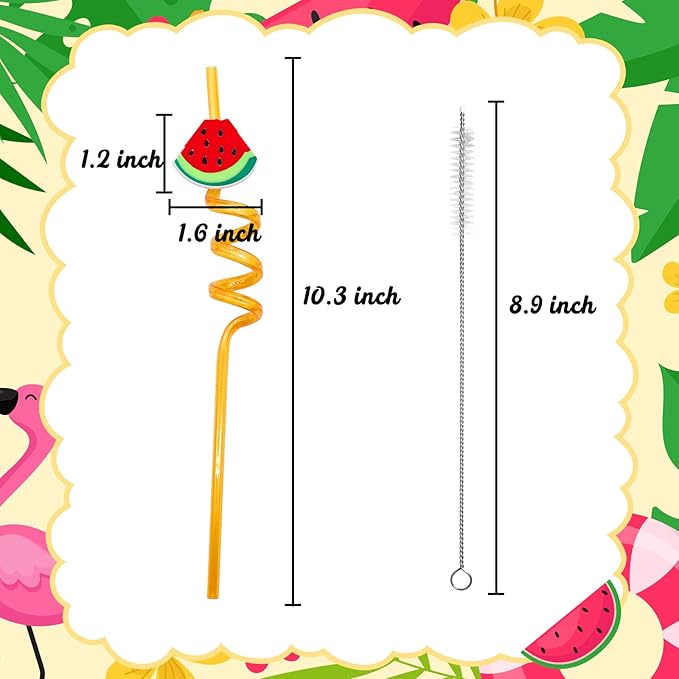 Summer Reusable Drinking Straws 24 Packs Pool Party Decorations Beach Fruit Party Favors Hawaiian Tropical Straws Goodie Bag Gifts for Birthday Party Supplies with 2 Cleaning Brushes