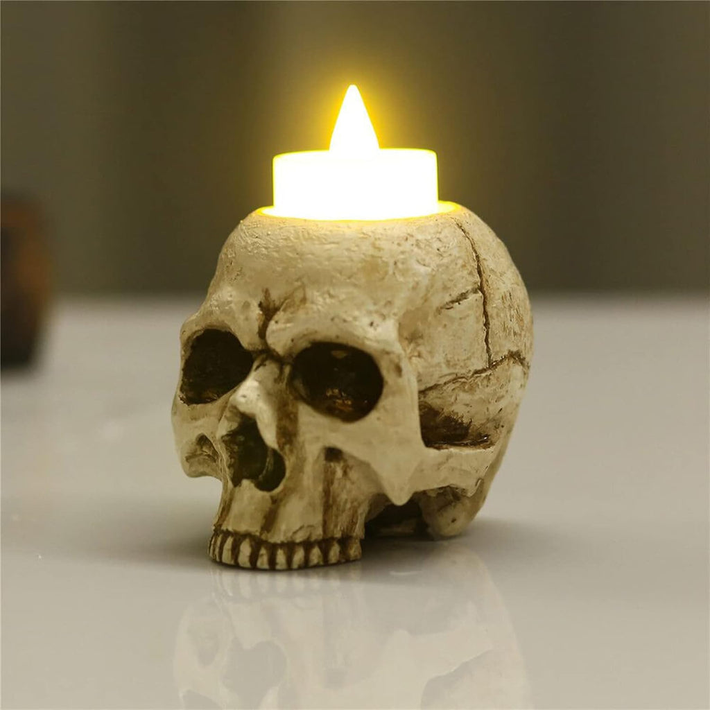 VICDUEKG Skull Candle Holder Skeleton Candlestick Holders Spooky Tealight Cup Gothic Decor Resin Candlestick Crafts for Halloween Christmas Home Party Graveyard Outdoor Bar Decoration, White, 1 Pieces