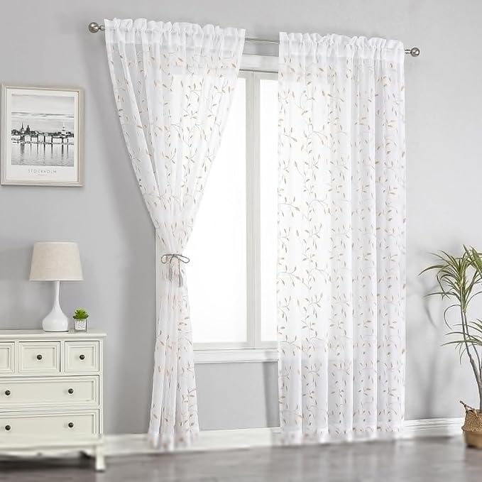 VISIONTEX White Sheer Voile Curtains, Decorative Orange Leaves Embroidery Faux Linen Rod Pocket Window Drapes for Home Kitchen, Living Room and Bedroom 54 x 108 Inch, Set of 2 Curtain Panels