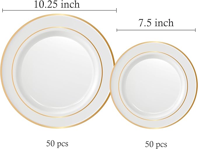 Neatiffy100 Pcs Gold Rim Plastic Dinnerware Set (50 Guest) | 50 x (Dinner Plate, Dessert Plate) | For Wedding, Luxurious Party, Special Event