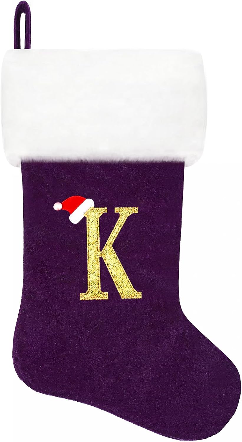 20 Inches Monogram Christmas Stockings, Purple Velvet with White Super Soft Plush Cuff Embroidered Letter Christmas Stocking, Personalized Xmas Stocking for Xmas Tree Holiday Fireplace Family Decor（K）