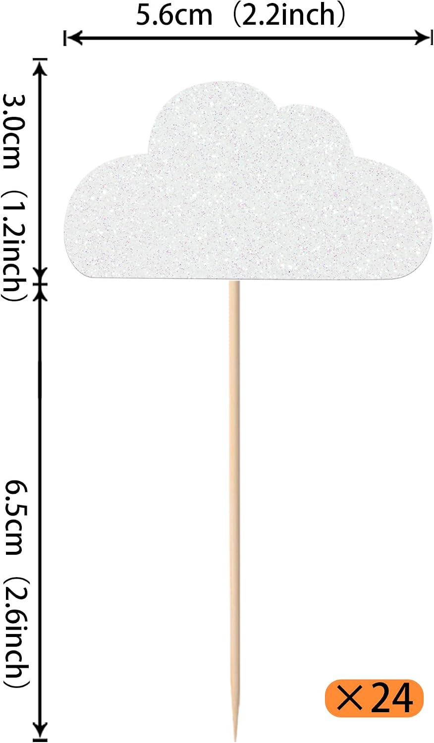 24 Pack White Cloud Cupcake Toppers Glitter Cloud Cupcake Picks Baby Shower Kids Birthday Wedding Party Cake Decorations Supplies White