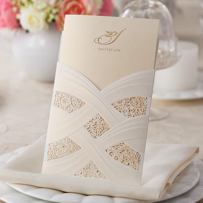 Hosmsua 5.12x7.2 50PCS Blank Wedding Invitations Kit Laser Cut light Gold Hollow Foil Flora Lace Sleeve Pocket with Envelopes for Quinceanera Wedding Invitation