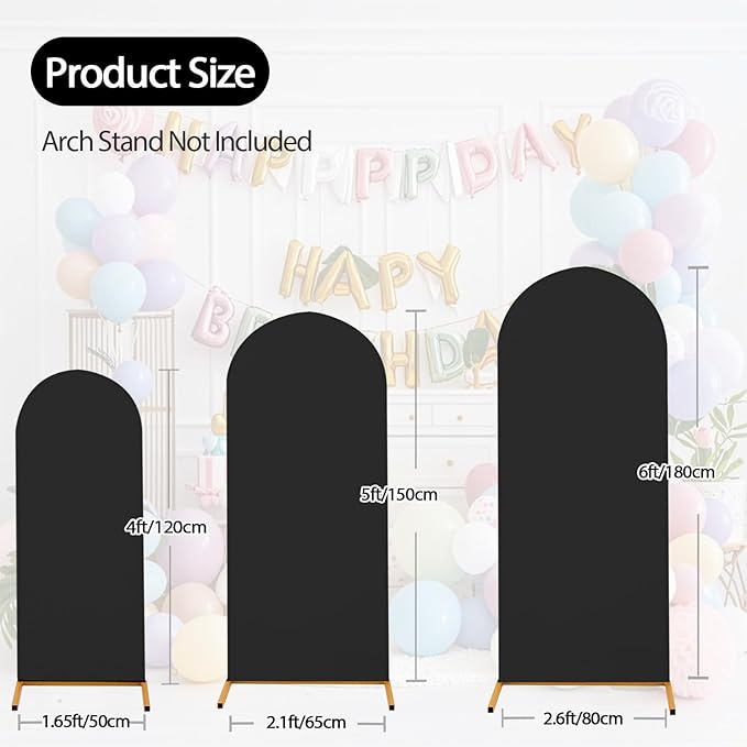 WEERRW Black Arch Backdrop Cover Ballon Arch Stand Covers Set of 3 Spandex Fitted Round Top Chiara Stretchy Backdrop for Wedding Birthday Party Decoration(6FT, 6.6FT, 7.2FT)