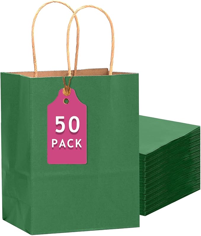 qiqee 50-Packs Kraft Deep Green Paper Gift Bags with Handles Bulk 13"x10.3"x4.6" Large Size Party Favor Bags Multiple Uses