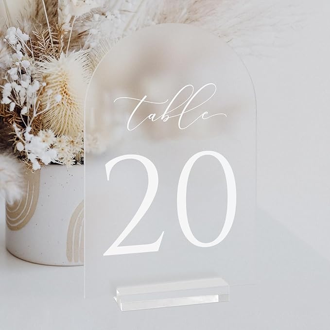 JINMURY Frosted Arch Table Numbers for Wedding, 5x7 Inch Arched Acrylic Table Numbers 1-20 with Stands, Frosted Acrylic Arch Sign with Holder for Centerpiece, Reception, Wedding, Party, Event