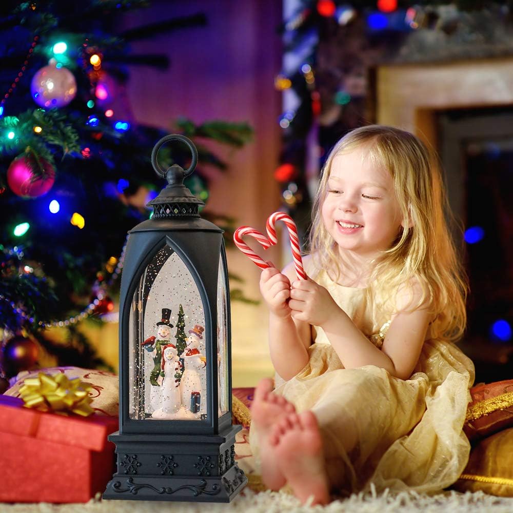 Eldnacele 12” Christmas Snow Globe Lantern Snowman with Music & Timer, USB Lined/Battery Operated Lighted Water Glittering Lantern for Christmas Festival Decoration Gifts – Snowman
