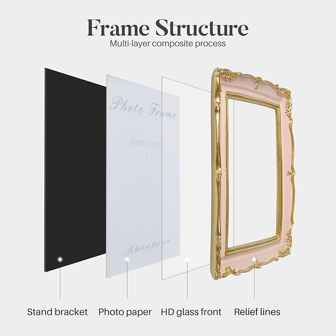 Cuspin Vintage Pink 5x7 Picture Frame, Pink and Gold 5 by 7 Antique Photo Frames, Ornate Textured Hand-Crafted Resin Frame with Glass Front for Tabletop Display, Retro Design Home Decor