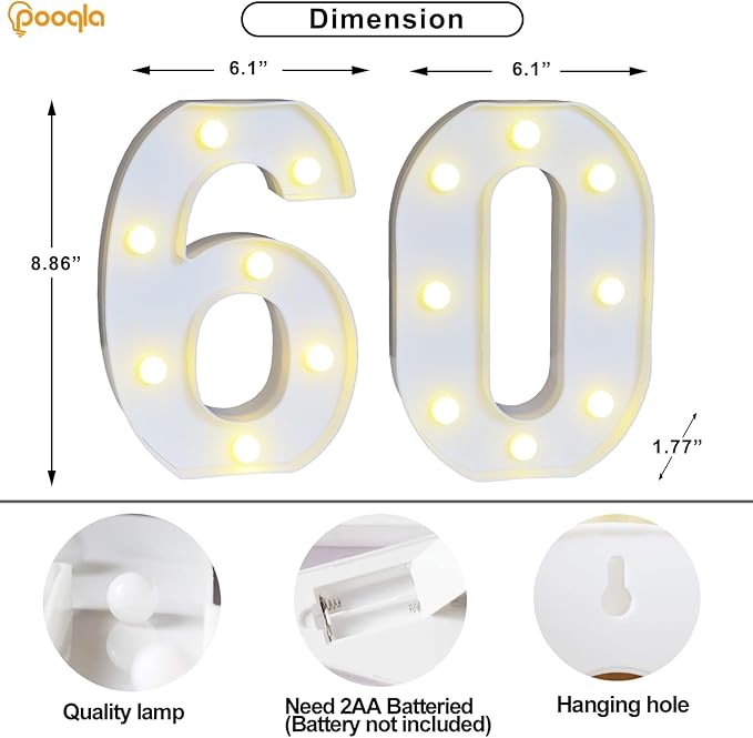 Pooqla 60th Birthday Decoration for Woman Man, Decorative LED Light Up Numbers, Marquee Numbers 60 Sign for Party Backdrop 60th Wedding Anniversary Decor, Warm White and Cool White Number 60