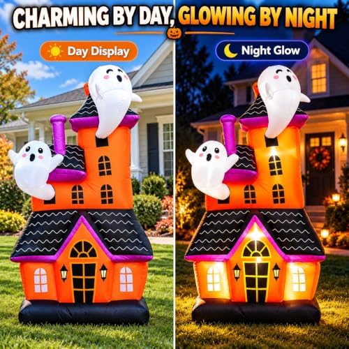 6 ft halloween inflatable haunted house with 2 on a desk or shelf
