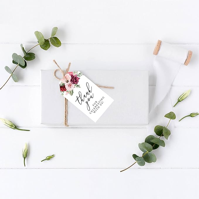 Andaz Press 100-Pack Thank You for Celebrating with Us Favor Tags Pink Burgundy Florals Cardstock Gift Tags with Bakers Twine for Wedding Baby Shower Bridal Shower Party Favors 2 x 3.75-Inches
