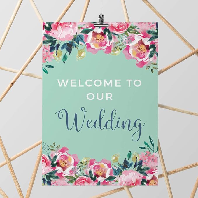 Andaz Press Extra Large Wedding Easel Board Party Sign, 12x18-inch, Tea Party Pink Peonies on Mint Green, Welcome to Our Wedding, 1-Pack