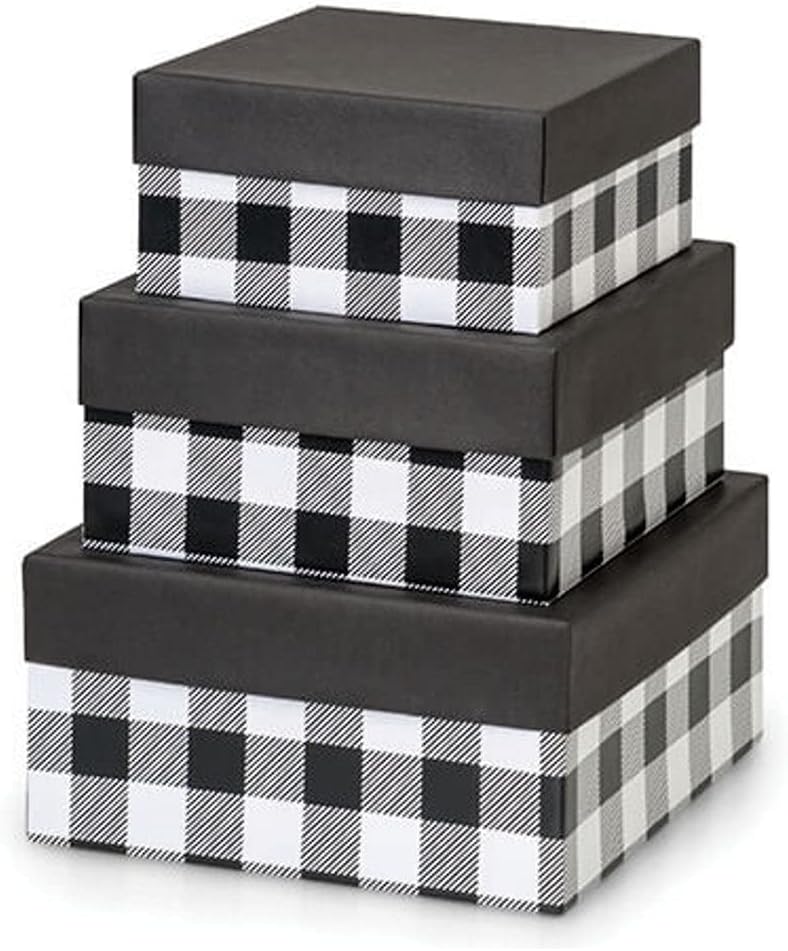 black buffalo plaid nested gift boxes with lids, main product view