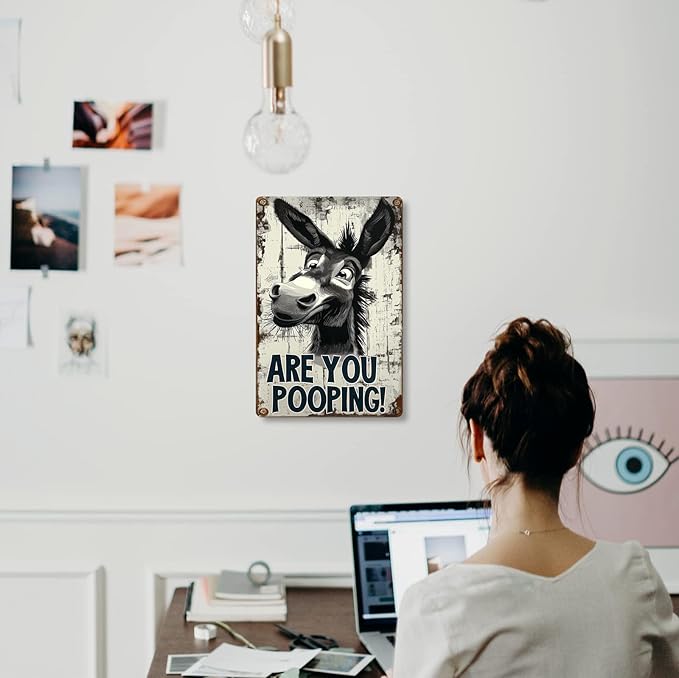 Funny Donkey "Are You Pooping?" Tin Sign - Vintage Bathroom Wall Décor, 8x12 Inches, Humorous Metal Sign for Indoor & Outdoor Use, Farmhouse-Style Wa