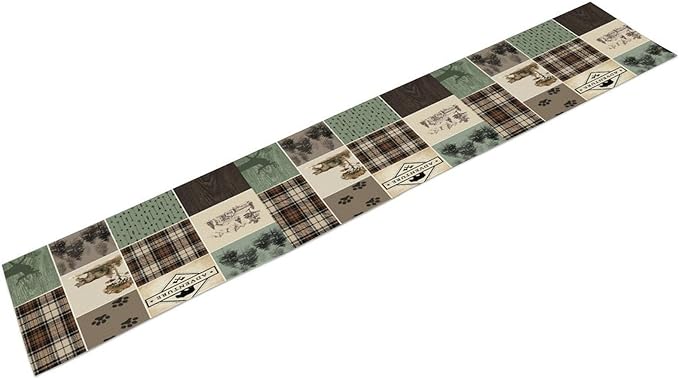 Bear Deer Table Runner,Rustic Lodge Retro Country Farmhouse Buffalo Plaid Print Tablecloth Burlap for Hotel Indoors Outdoor Dining Room Kitchen Home Decor,W13X L36 in